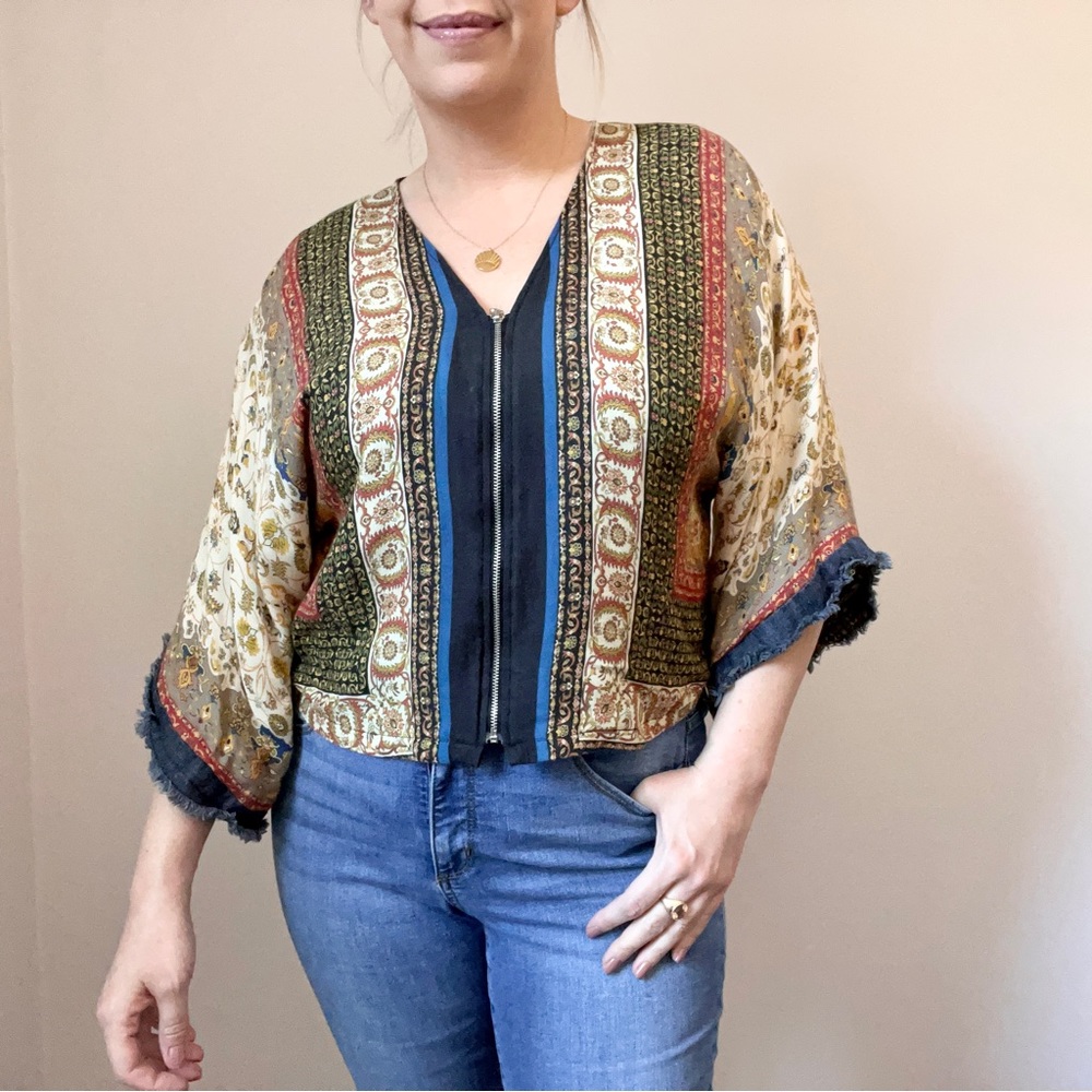 Zara Boho Scarf Print Fringe Kimono Sleeve Zip Blouse XS - Picture 10 of 13